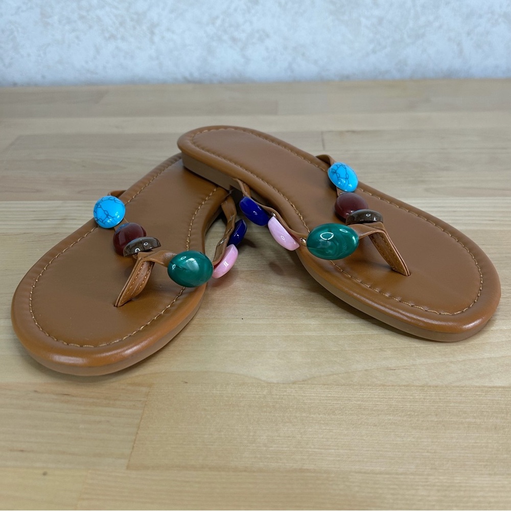 Boho Beaded Flip Flop Sandals Brown Multicolor Gemstone Style Size 6.5